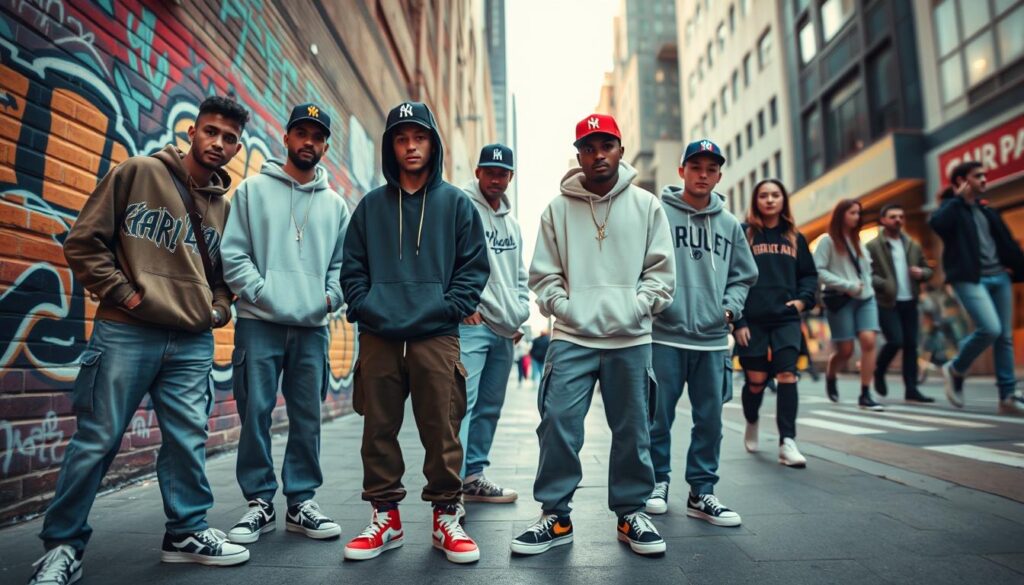 A vibrant street scene showcasing hip-hop street fashion centered around Karl Kani footwear. In the foreground, a diverse group of young adults wears loose-fitting, stylish streetwear, including baggy jeans, oversized hoodies, and trendy caps. They stand confidently, posing to highlight their Karl Kani shoes. In the middle ground, colorful graffiti art covers a brick wall, amplifying the urban vibe. The background features a bustling city street with blurred figures walking by, adding movement to the scene. Soft evening light filters through, casting warm tones that enhance the mood of casual coolness. The angle captures an immersive perspective, inviting viewers into the heart of contemporary hip-hop culture.