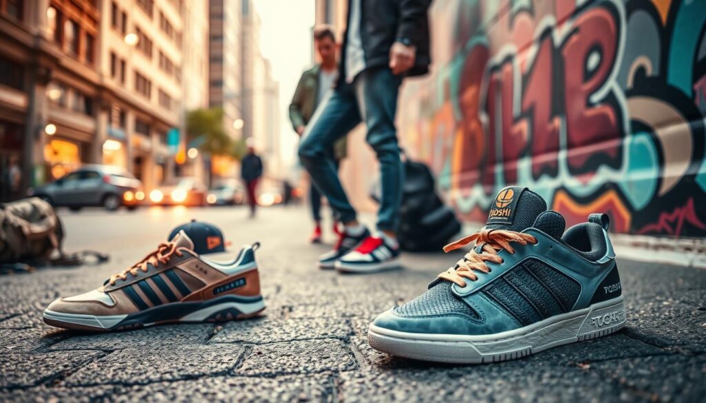 A vibrant urban scene showcasing stylish streetwear sneakers and accessories from Togoshi, placed prominently in the foreground. The sneakers, featuring unique designs and colors, are displayed on a textured pavement, with trendy backpacks and caps scattered around, reflecting the spirit of city life. In the middle ground, a stylish model wears contemporary urban clothing, showcasing Togoshi footwear, engaged in a casual pose against a graffiti-adorned wall. The background features a cityscape with blurred buildings and soft streetlights, creating a lively, dynamic atmosphere. The lighting is bright yet slightly diffused, with a focus on bringing out the textures and colors of the sneakers and accessories. The overall mood is energetic, youthful, and inspiring, ideal for capturing the essence of urban streetwear fashion.
