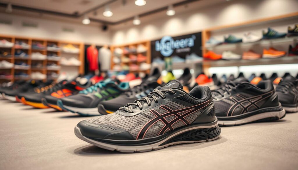A visually appealing display featuring a variety of Bagheera sports shoes, showcasing different styles and colors. In the foreground, focus on a pair of well-structured running shoes with a sleek design, highlighting their quality materials and craftsmanship. The middle ground should include a wider array of sports footwear, emphasizing their durability and comfort features, arranged on a soft fabric surface. The background is softly blurred to suggest a spacious retail environment, with subtle lighting that brings attention to the shoes, creating a warm and inviting atmosphere. Capture the essence of professionalism and reliability associated with sports footwear, filling the scene with an air of activity and motivation. Use a slightly angled perspective to create depth and engage the viewer.