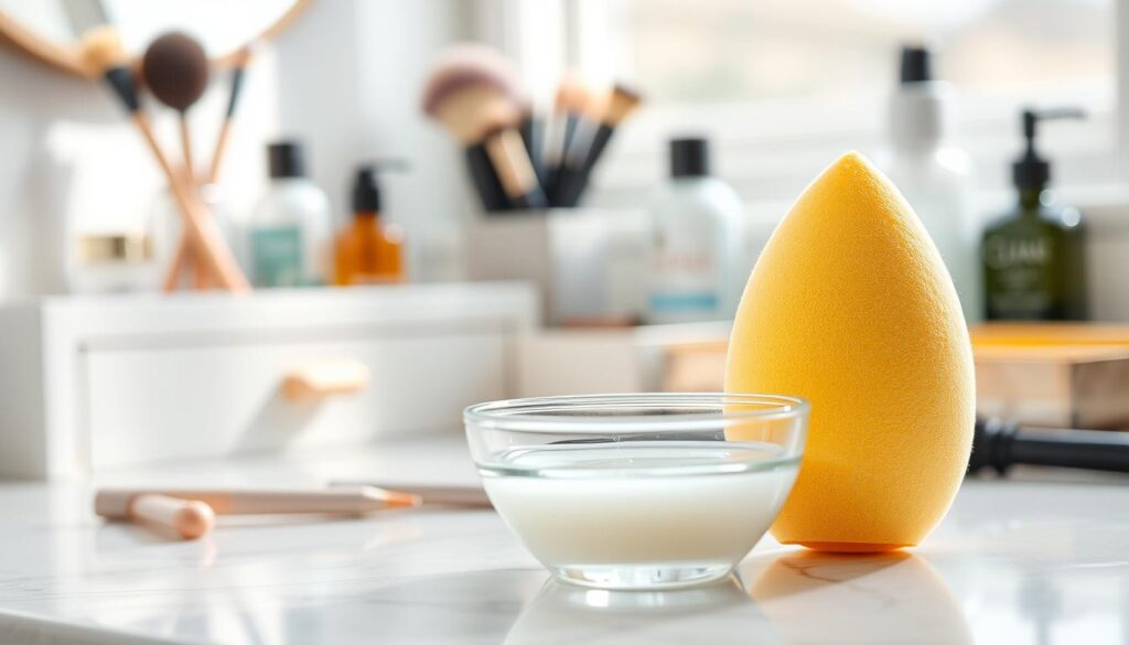 A visually striking close-up image of a clean, well-maintained makeup sponge beside a small bowl filled with gentle cleaning solution. The sponge should be vibrant, showcasing its soft texture and contours, hinting at its frequent cleaning. In the background, a neatly organized vanity with makeup brushes and skincare products adds a touch of elegance. Soft, diffused natural light pours in from an adjacent window, casting gentle shadows that enhance the scene's cleanliness and freshness. The atmosphere should feel serene and inviting, emphasizing the importance of hygiene and maintenance in makeup application tools. The composition will focus on the sponge, drawing attention to its pristine condition as a testament to regular washing practices.