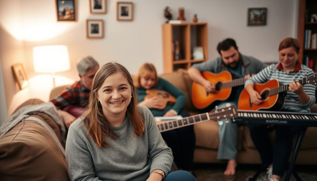 A warm, inviting family scene featuring Sylwia Grzeszczak in a cozy living room, surrounded by her close family members. In the foreground, Sylwia sits on a comfortable sofa, smiling warmly, dressed in modest casual attire. Beside her, her family members, including a parent and siblings, engage in a light-hearted musical session with instruments like a guitar and a keyboard. In the middle ground, a softly glowing lamp casts a warm light, illuminating their faces and creating a friendly atmosphere. The background reveals family photos and a bookshelf, adding a personal touch to the scene. The mood is joyful and intimate, reflecting strong family bonds and a sense of closeness, inviting viewers to feel the warmth and love in this musical gathering.