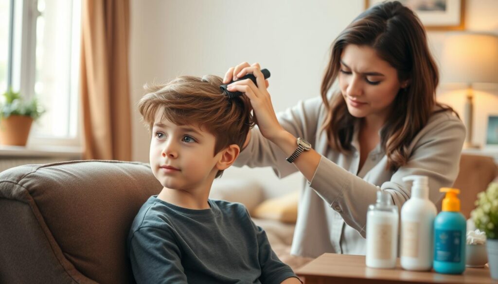 A warm, inviting home setting where a young boy, around 8 years old, sits in a comfortable chair, engaged in hair care. He has medium-length, slightly wavy hair that's being gently brushed by a parent. The parent, a caring figure in modest, casual clothing, is carefully examining the boy's hair, demonstrating a nurturing grooming routine. In the background, soft natural light filters through a nearby window, illuminating hair products like shampoo and conditioner on a neatly arranged table. The atmosphere is cozy and relaxed, evoking a sense of care and attention to personal grooming. The focus is on the interaction, showcasing the importance of hair care for boys with longer hairstyles.