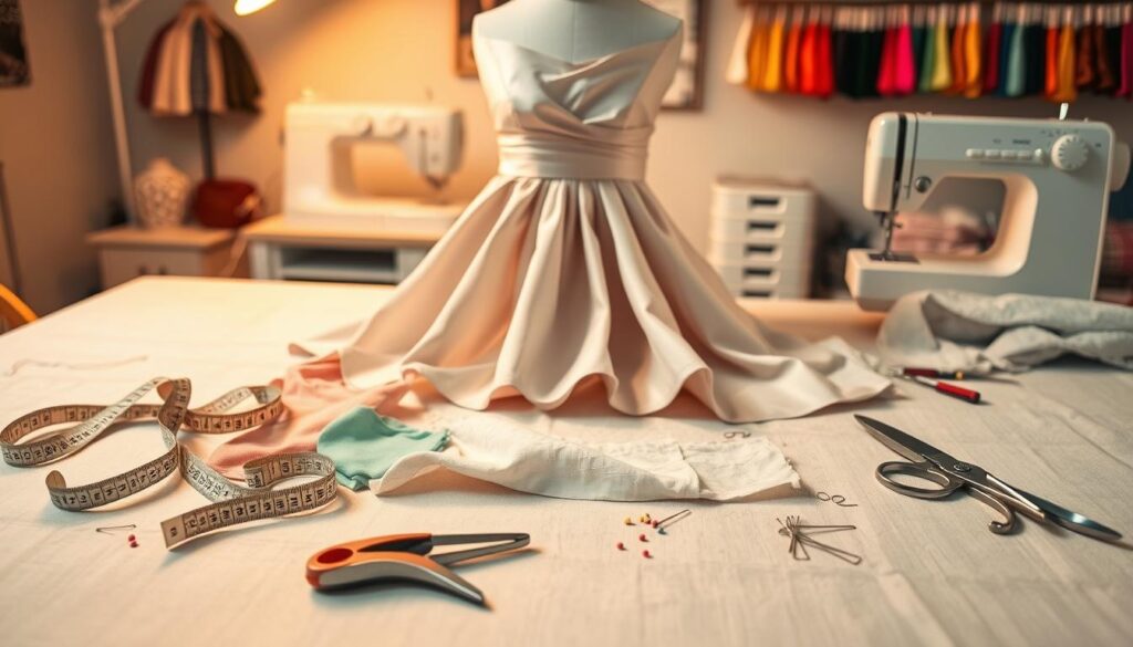 A well-organized sewing workspace highlighting the preparation for taking in a dress at the waist. In the foreground, a neatly laid out table features essential sewing tools: a measuring tape, fabric chalk, scissors, a seam ripper, and pins, all arranged aesthetically. A partially finished dress, elegantly draped on a dress form, showcases where adjustments will be made. In the middle, soft fabric swatches in pastel colors are scattered around, adding texture. In the background, a well-lit sewing machine and a collection of vibrant threads hang on a wall, providing a creative atmosphere. The lighting is warm and inviting, suggesting a cozy, productive environment, with a slightly blurred depth of field to emphasize the tools and dress. The mood conveys a sense of creativity and readiness for a sewing project.