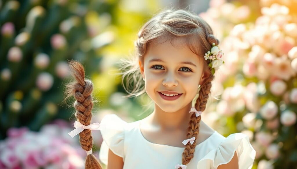 A young girl with a joyful expression showcases beautiful wedding braids, styled elegantly for a festive occasion. The foreground features the intricate braids adorned with delicate flowers and ribbons, emphasizing their charm and creativity. In the middle, she wears a lovely, modest dress suitable for a wedding, with soft pastel colors that complement the floral accents in her hair. The background exhibits a dreamy garden setting, filled with blooming flowers and soft lighting that creates a warm, celebratory atmosphere. The image captures a bright, natural daylight glow, highlighting the details of the braids and the sweet innocence of the child, evoking a sense of joy and celebration perfect for a wedding.