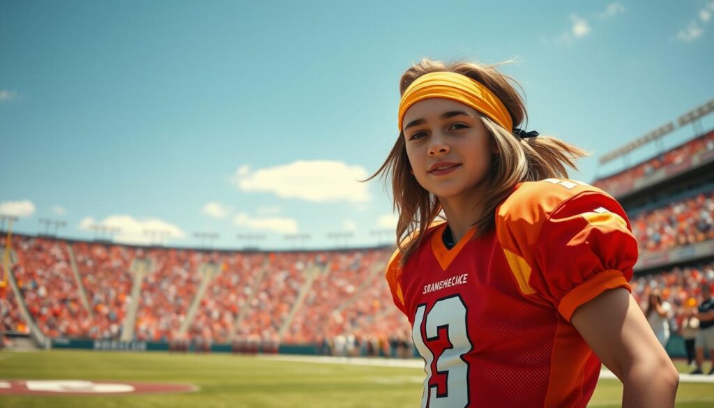 A young male football player with long hair styled in a sporty manner, wearing a headband, stands in an energetic pose on a vibrant football field. His athletic attire features a classic team jersey in bold colors, enhancing the lively atmosphere. In the foreground, the player is captured mid-action, showcasing determination in his expression. The middle ground includes a bustling stadium filled with cheering fans, their excitement palpable. The background features clear blue skies, with subtle clouds adding depth. Bright, dynamic lighting highlights the player, creating a sense of energy and excitement. The image evokes a nostalgic yet vibrant mood, reminiscent of youthful passion for football.