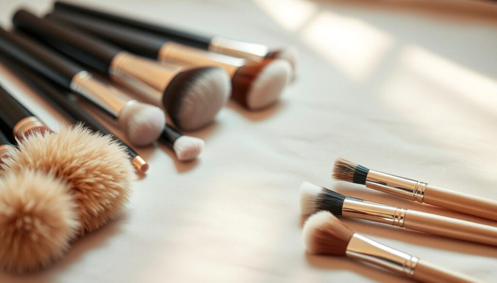 An artistic flat lay of a makeup brush set featuring both natural and synthetic bristles, arranged elegantly on a soft, neutral fabric background. The foreground prominently displays a diverse selection of brushes, some with soft, fluffy natural hair and others with sleek, synthetic bristles, showcasing their differences. In the middle ground, a subtle reflection of light accentuates the brush handles, creating a luxurious feel, while delicate shadows enhance the textures of the bristles. The background is softly blurred with pastel hues to create a warm, inviting atmosphere, evoking a sense of professionalism and beauty. The lighting is soft and diffuse, emulating a natural daylight effect, bringing out the richness of the brush materials.