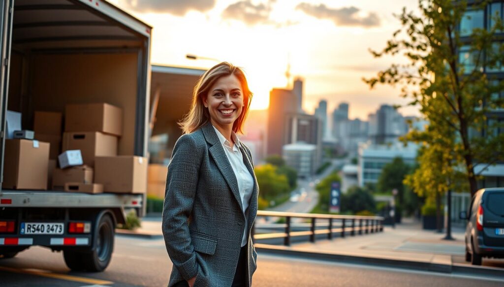 Joanna Liszowska is depicted in the foreground, smiling as she stands next to a large moving truck filled with boxes and furniture, symbolizing her recent move to the capital. She is dressed in a stylish, professional outfit, conveying both sophistication and warmth. In the middle, the urban landscape of a bustling city is shown, with modern buildings and greenery to illustrate the vibrant life she's embracing. The background features a sunset with soft, golden lighting, creating a hopeful and fresh atmosphere. The angle is slightly elevated, capturing the scene from a dynamic perspective, emphasizing her journey and new beginnings. The overall mood is uplifting and inspiring, reflecting her excitement for this new chapter in her life.