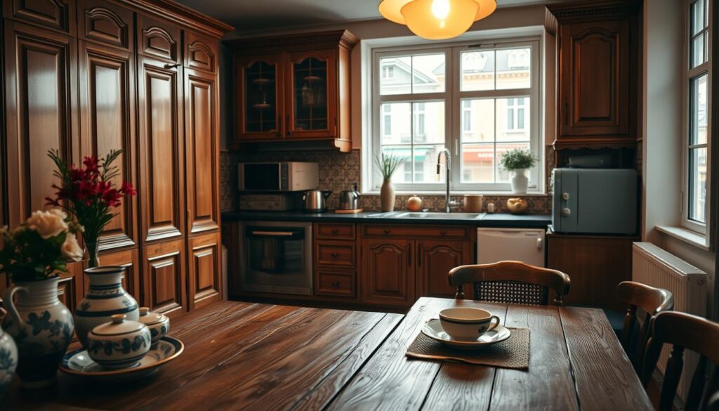 Krakow apartment interior showcasing a classic-style kitchen, featuring elegant wooden cabinetry and vintage appliances, with a warmly lit ambiance. In the foreground, a rustic wooden dining table is set for a meal, adorned with traditional Polish pottery and a vase of fresh flowers. The middle ground highlights the kitchen area, with intricate tile work and soft, ambient lighting casting gentle shadows. In the background, large windows reveal a glimpse of Krakow's charming streets, adding a touch of local character. The overall mood is cozy and inviting, reminiscent of a home filled with culinary heritage. Soft natural light filters in, enhancing the warm tones of the decor, creating a nostalgic and welcoming atmosphere.